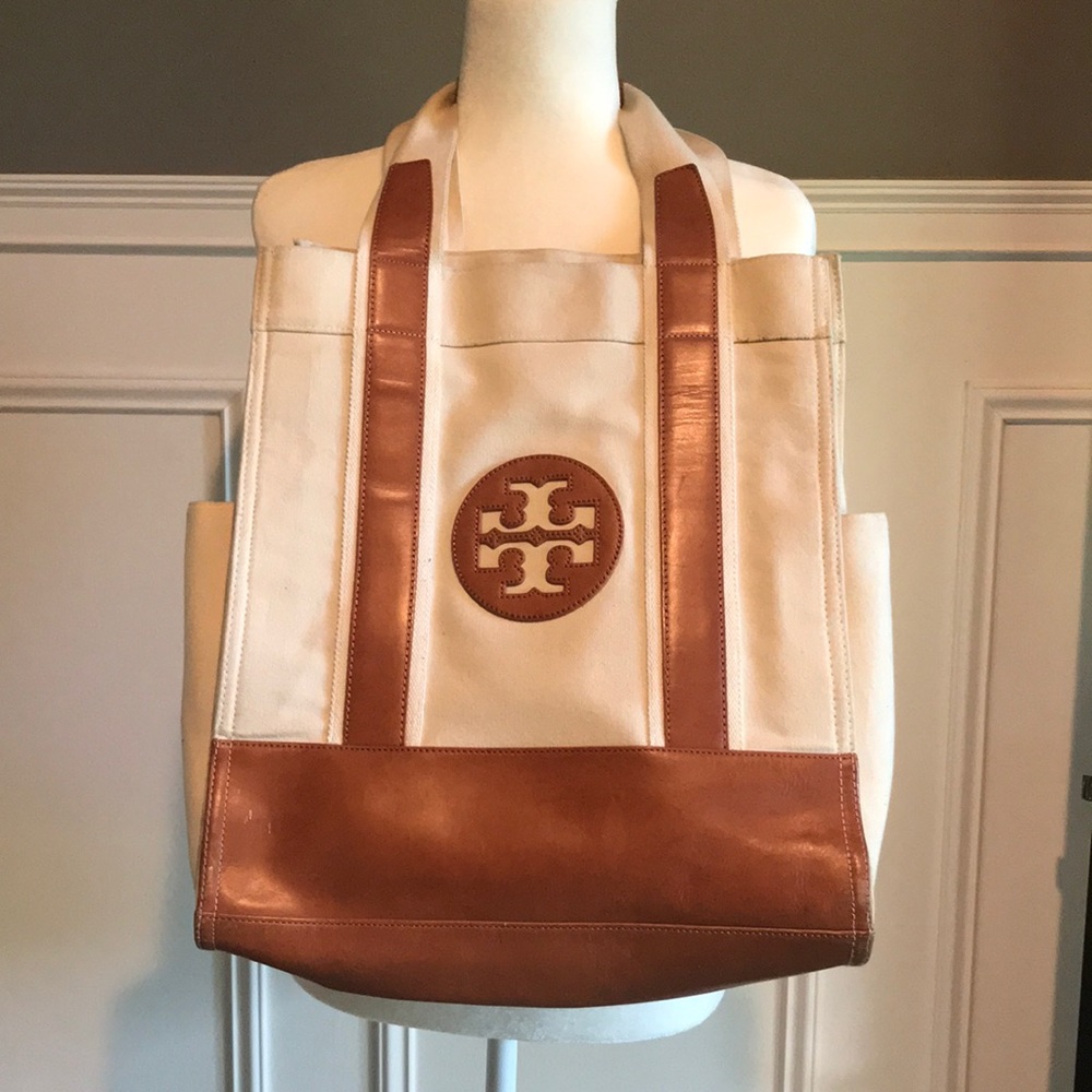 Tory Burch Cream Canvas + Leather Tote
